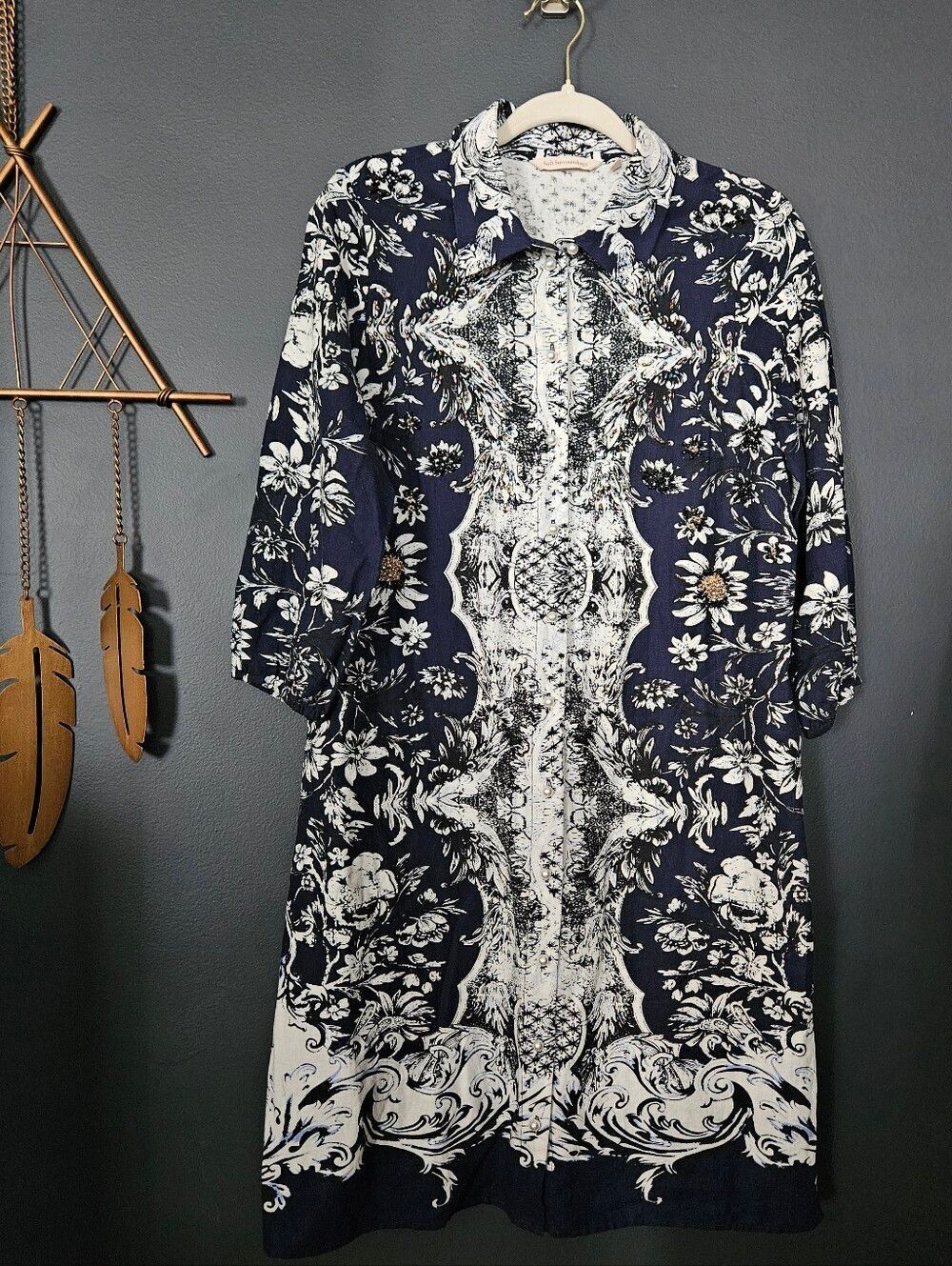 Soft Surroundings Linen Blend Embellished Floral Shirt Dress Tunic Small